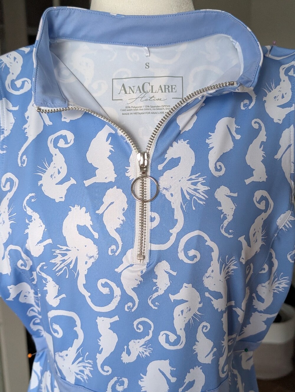 AnaClare Active Light Blue Sleeveless Seahorse Print Dress Small - Picture 3 of 10